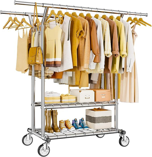 Heavy Duty Clothes Rack, Rolling Clothing Rack With Shelves Load 620 LBS, Double Rod Clothing Racks for Hanging Clothes, Portable& Adjustable Clothes Rack with Wheels Garment Rack