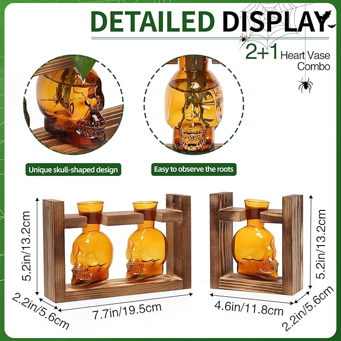 2+1 Plant Terrarium Plant Propagation Station Gifts for Father Halloween Skull Home Office Decor with Wooden Stand