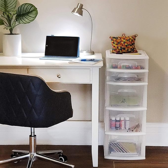 HOMZ 2-Pack Drawer Tower, 5-Tier Clear Plastic Storage Organizer Unit, White Frame - Multi-Purpose Container Drawers for Bedroom, Bathroom, and Office Organization