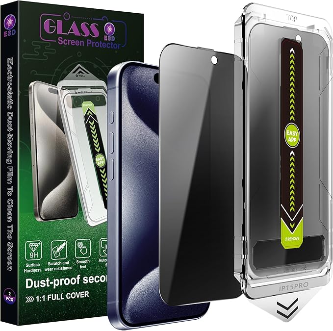(2-Pack Anti-Spy Privacy Screen Protector for iPhone 17/16 Pro(6.3-Inch),9H Tempered Glass,Full Coverage,Anti-Fingerprint,Auto Dust Removal,Bubble-Free,Easy Installation