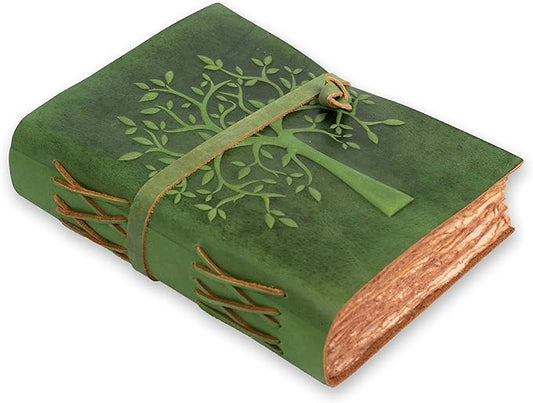 LEATHER VILLAGE Tree of Life Journal - 8"X6" (A5) inches - Green - 200 Antique Deckle Edge Handmade Paper – Book of Shadows - Vintage Leather Bound Journal for Women & Men