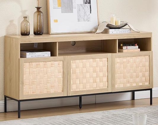 Bonzy Home Tall TV Stand with Stroage, 70" Large Entertainment Center for 75" TV, Tall Media Console Table with Storage Cabinet and Open Shelves, Oak