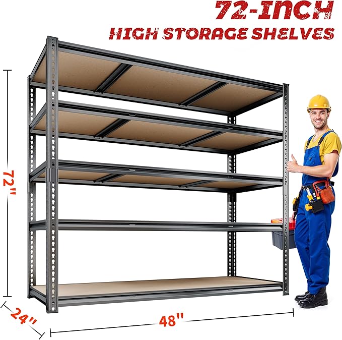 48"W Garage Shelving, 3050LBS Storage Shelves heavy duty, 5 Tier Metal Shelving Unit Adjustable Garage Shelves Heavy Duty Shelving for Warehouse,Commercial, Kitchen, 48" W × 24" D × 72" H, Black，2PCS