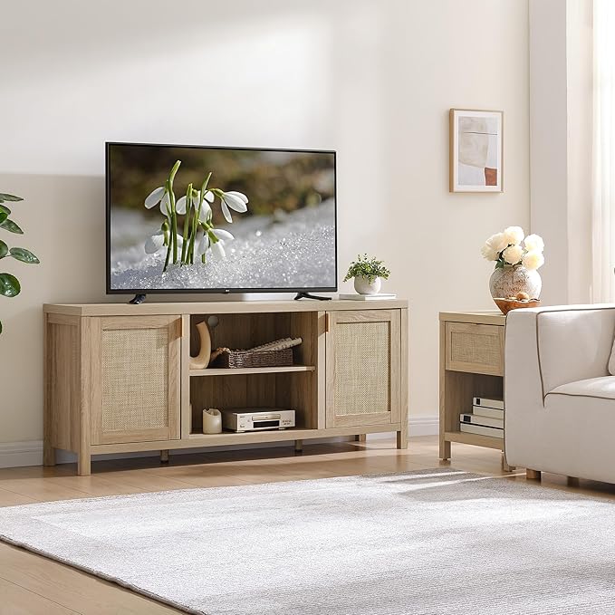SICOTAS Rattan TV Stand for Living Room - 26" Tall TV Console Cabinet with Storage and Adjustable Shelf, Boho Entertainment Center, 59" Media Console for 50, 55, 65 Inch TV, Light Oak