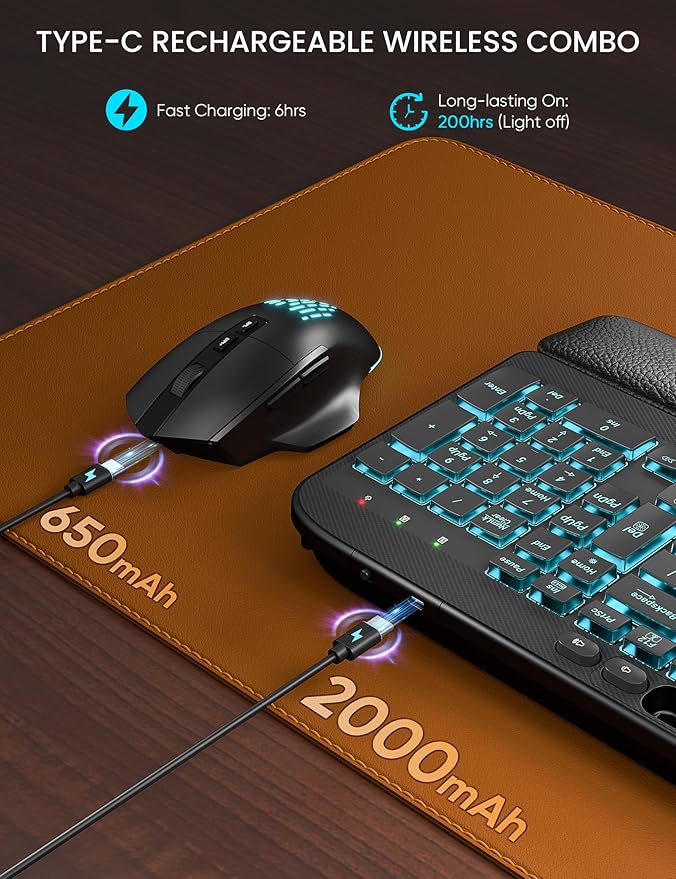 SABLUTE Wireless Keyboard and Mouse Combo - Ergonomic Wave Keyboard with Soft Leather Wrist Rest, Phone Holder, Rechargeable, RGB Backlit Mouse, Full-Size Set for Windows/Mac/Computer (Black)