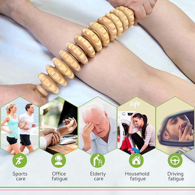 Wooden Curved Handheld Roller Stick Massager - 12 Rollers Wood Therapy Tool for Trigger Point, Fascia & Cellulite Reduction, Lymphatic Drainage, Muscle Tension Relief & Body Shaping (Wood)