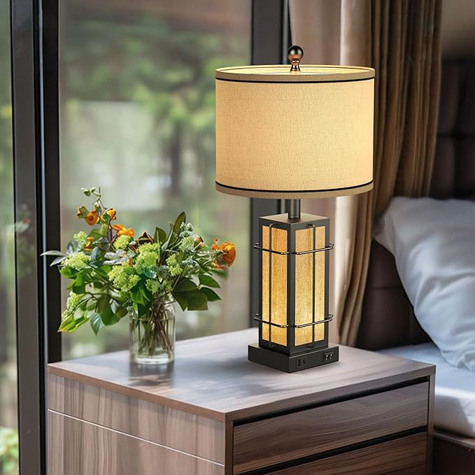 Black Table Lamps Set of 2, 24" Farmhouse Lamps for Living Room with USB C+A Ports, Industrial Retro Lamps for Bedroom, Nightstand Light Fixture, 2 Bulbs Included