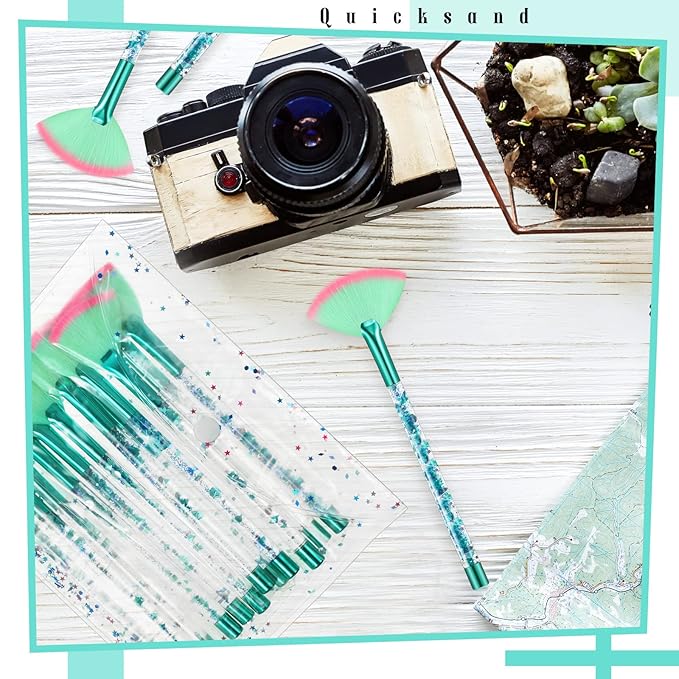 12 Pcs Fan Brushes for Facial Mask & Peel Applicator - Soft Cosmetic Facial Brushes with Glitter Quicksand Handle - Face Mask Tools with Pouch (Green)