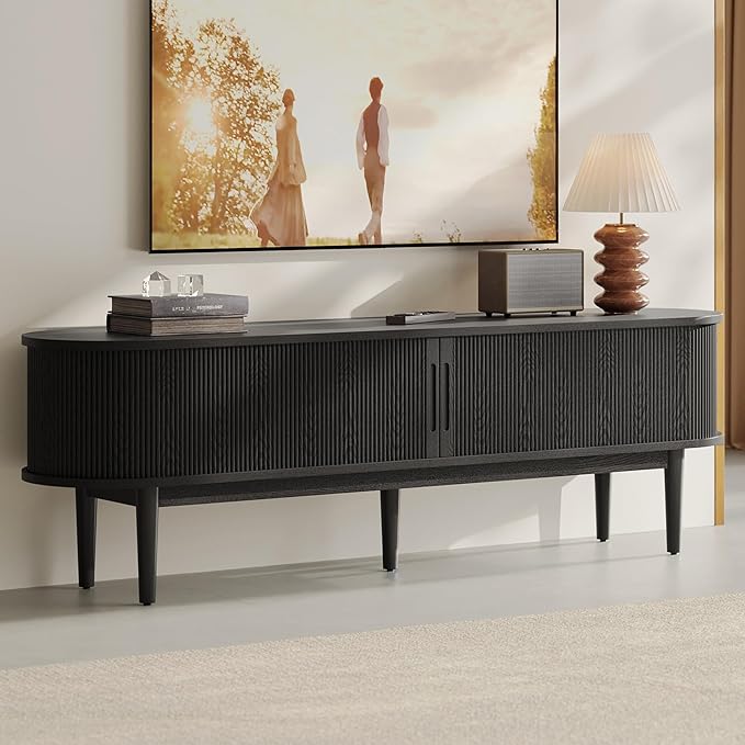 LINSY HOME Fluted TV Stand for 75" TV, Mid-Century Modern Wood Entertainment Center with Sliding Tambour Door and Storage Cabinet, Boho TV Media Console Table for Living Room, Bedroom, Black