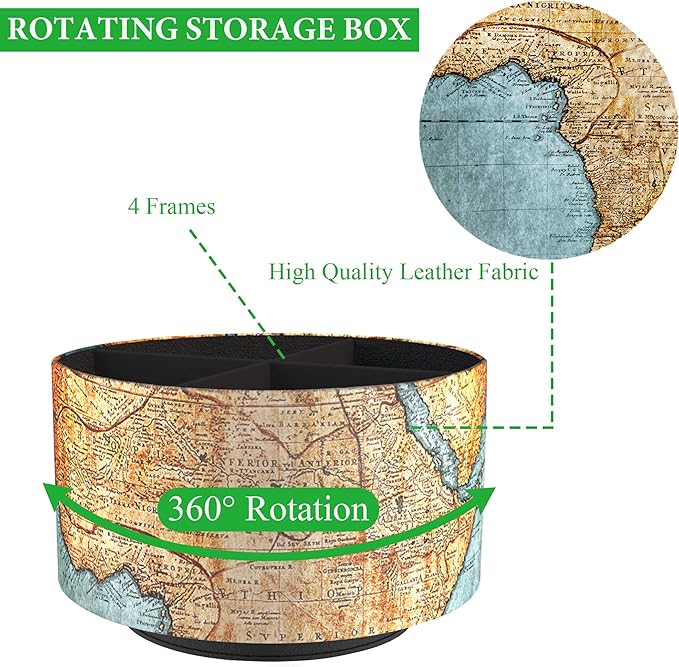 Hennaja Round Leather Art Supply Organizer,Remote Control Holder,360 Degree Rotating,Multi-Functional Pencil Holder,4 Compartments Desktop Stationary Organizer(1-Vintage Map)