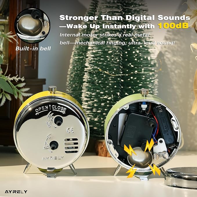 AYRELY® 4" Loud Analog Alarm Clock, Retro Metal Table Clock Battery Operated, Silent Non-Ticking Desk Clock with Alarm Switch Button for Bedroom, Bedside, Shelf, Office (Yellow)