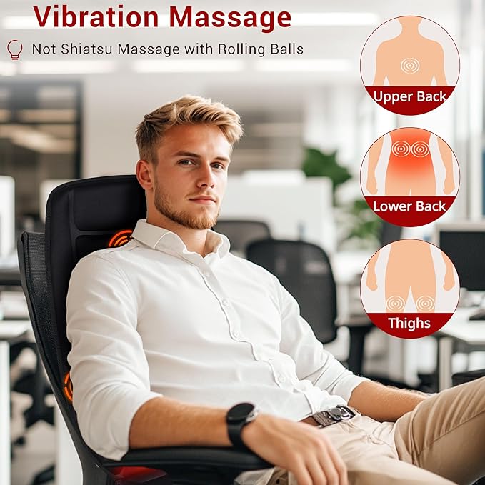 Back Massager for Chair, Vibration Massage Seat Cushion, Heated Seat Cover for Lower Back, Seat Warmer for Pain Relief, Chair Massager for Office, Gift for Men Women