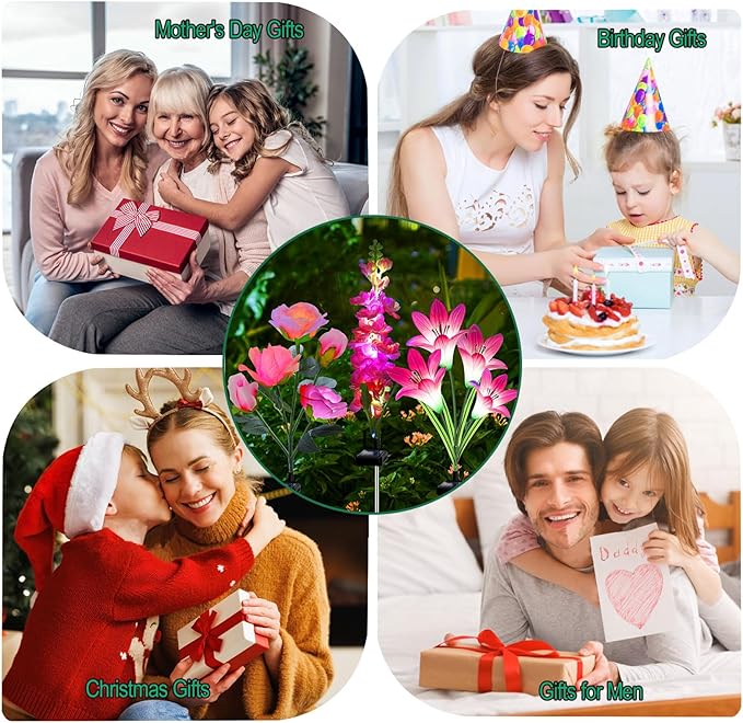 Solar Garden Lights Waterproof, 3 Pack Solar Flowers Lights Includes Lily Rose Delphinium, Gardening Gifts for Mom Grandma Women, 7-Color Changing Outdoor Decor for Garden Yard Patio Lawn