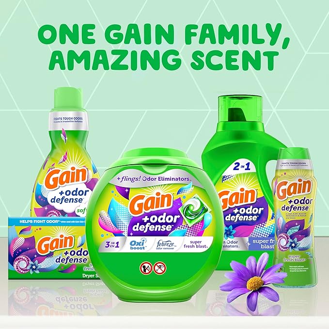 Gain + Odor Defense Liquid Laundry Detergent, Super Fresh Blast Scent, 88 Oz, 61 Loads, HE Compatible