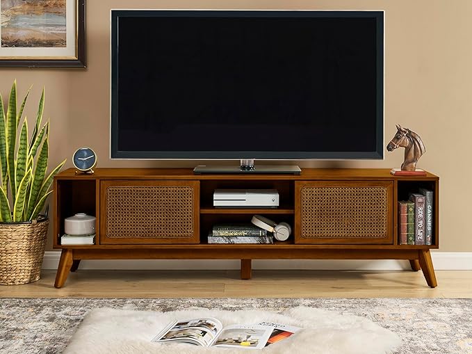 LKTART 68 Inch Mid Century Modern TV Stand with Rattan Doors, MCM Entertainment Center Media Console for 60/65/70/75 inch TVs, Long Boho Television Stand for Living Room, Light Walnut