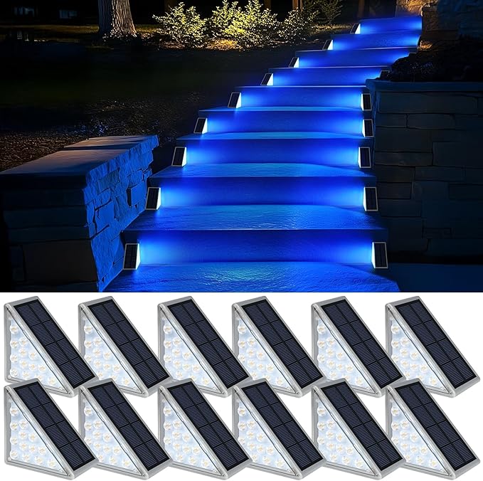 12 Pack Solar Stair Lights, Outdoor Step Lights with Waterproof IP67, Blue Color LED Solar Light for Outside Light Decor for Stair, Deck, Front Step, Front Porch, Patio and Backyard