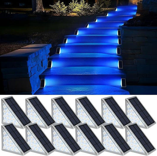 12 Pack Solar Stair Lights, Outdoor Step Lights with Waterproof IP67, Blue Color LED Solar Light for Outside Light Decor for Stair, Deck, Front Step, Front Porch, Patio and Backyard