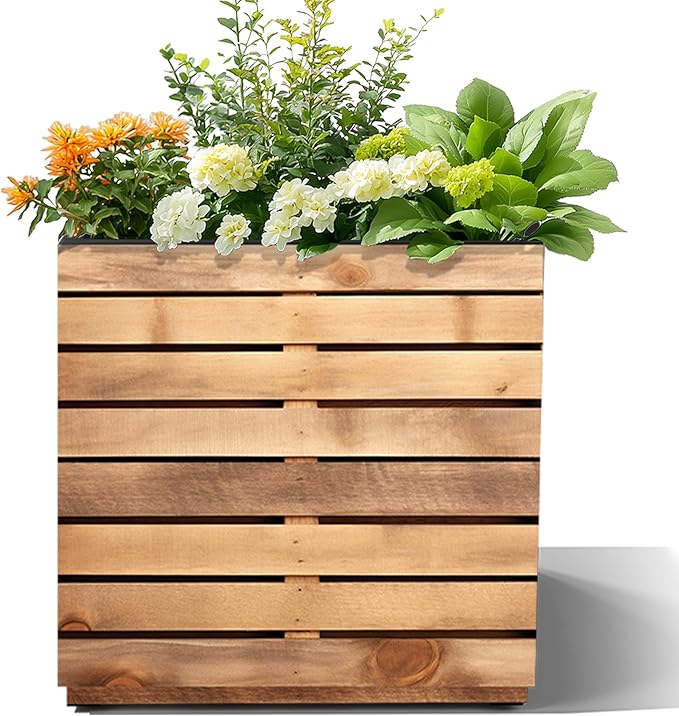 Tall Metal Planter, 17" W×18" H Large Rectangular Planter Box for Outdoor or Indoor, All-Weather Durable Plant Box with Drainage Holes & Removable Shelf for Patio, Porch, Garden, Trees, Flowers