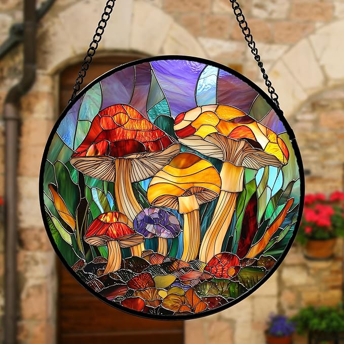 Stained Glass Window Hanging, Jungle Mushrooms Sun Catchers Diamond Glass Panel Hangings Plant Suncatcher Decor for Birthday for Women, Men, Wife, Aunt, and Mom 11.8x11.8 in