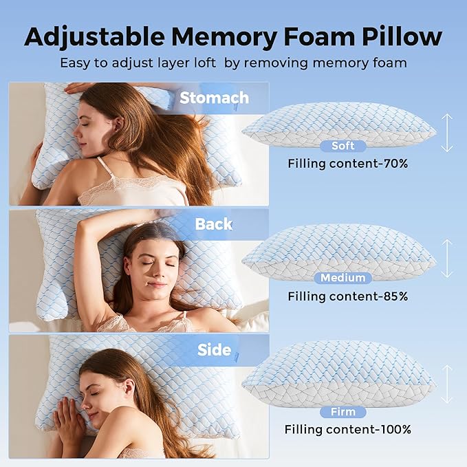 puredown Pillows Standard Size Set of 2, Shredded Memory Foam Pillows, Cooling Pillow for Sleeping, Bed Pillows Standard Size with Adjustable Foam for Side, Back and Stomach Sleepers