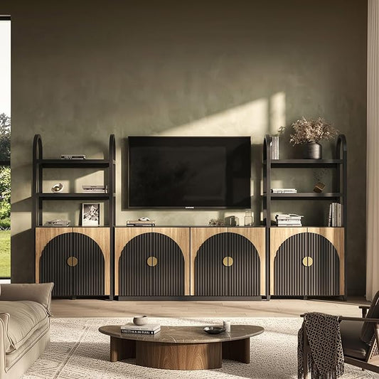 BELLEZE 3-Piece Arched TV Stand Entertainment Center with Storage, Mid Century Modern 2-Piece 72″ Tall Storage Cabinets and 65″ Fluted TV Console for Living Room (Camel)