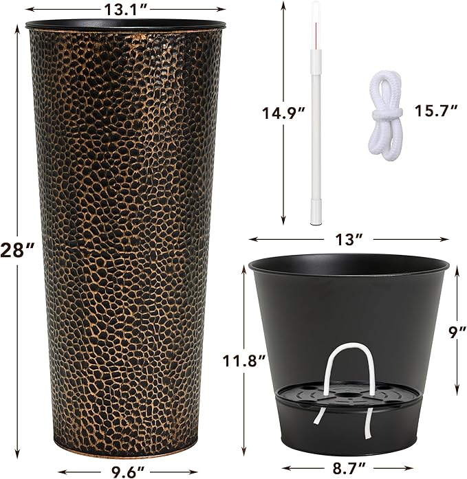 KOL 28" H. Tall Metal Cone Planters with Inner Pots 2-Pack, Bronze Hand-Hammered Large Decor Planter for Deck, Patio, Porch - Handcrafted Flower Pot - with Water Level Indicator - Indoor Outdoor Use