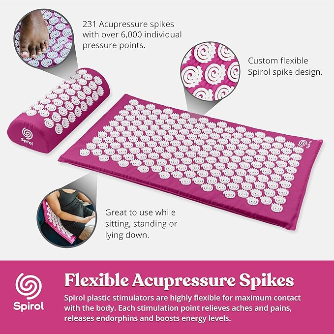 Spirol Acupressure Mat and Pillow Set for Back, Neck and Shoulder Pain Relief, with Flexible Acupressure Spikes, Includes Carry Bag (Amethyst)
