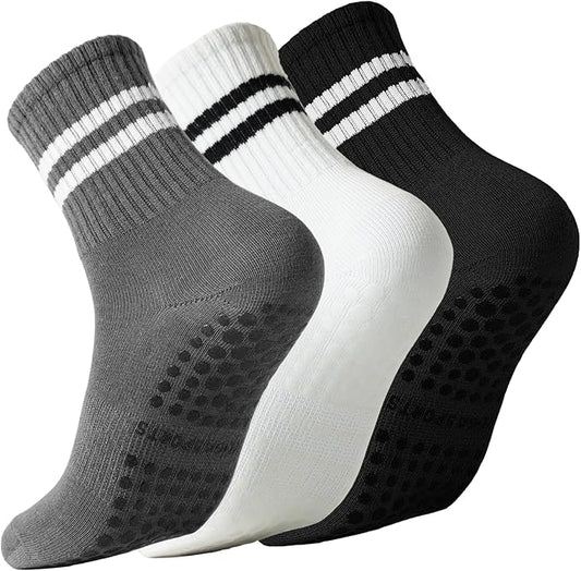 Pilates Socks with Grips for Women Grippy Non Slip Crew Socks for Yoga Barre Hospital Striped 3 Pairs