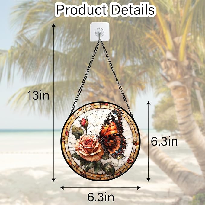 Stained Glass Window Hanging, Butterfly Picking Flowers Suncatcher for Doors Home Sun Catchers Decoration and Christmas, Mother's Day Birthday Gifts for Women, Men, and Mom 6.3 in