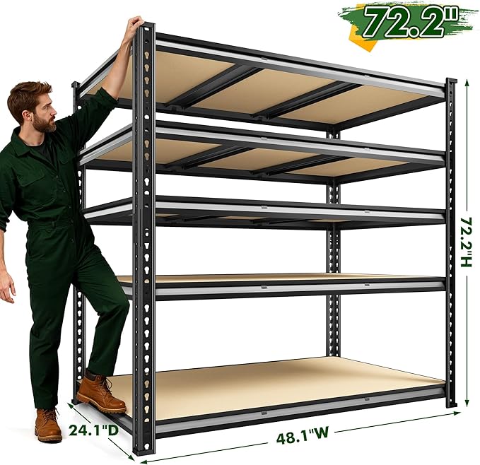 2800 LBS Garage Shelving 72.2" H Garage Storage Shelves, 5 Tier Adjustable Shelving Unit, Storage Shelves for Storage, Basement, Warehouse, Pantry, Kitchen, 48.1" W x 24.1" D x 72.2" H, Black, 2 Pack