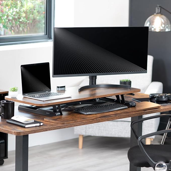 VIVO 42 inch Desk Converter, K Series, Height Adjustable Sit to Stand Riser, Dual Monitor and Laptop Workstation with Wide Keyboard Tray, Rustic Vintage Brown Top, Black Frame, DESK-V042KN