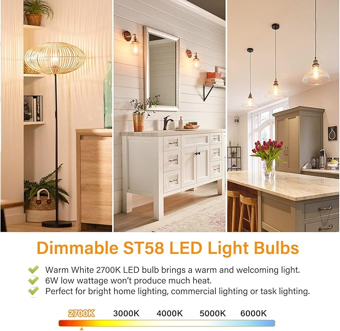 MAXvolador Vintage LED Edison Bulb Dimmable 60W Equivalent 850 Lumens, Warm White 2700K 6W Antique ST58 Filament Light Bulbs, E26 Base, Pack of 4