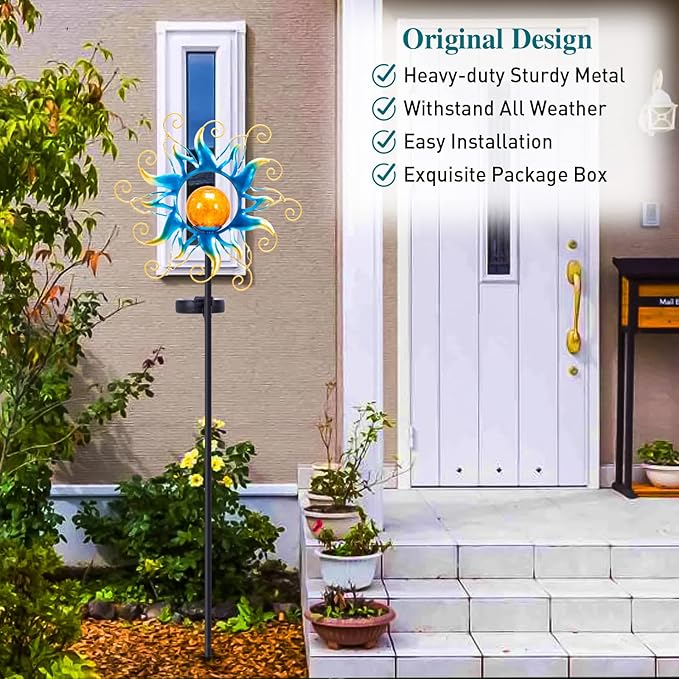 Solar Lights Outdoor Garden Decor, Blue Metal Sun Crackle Glass Globe Stake Waterproof 30LED Decorations Unique Gifts for Women,Mom,Outside, Patio,Lawn,Yard,Pathway