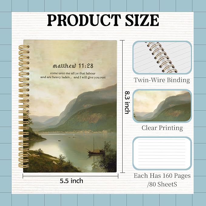 Mountain Lakeside Christian Spiral Notebook, Matthew 11:28 Bible Verse Journal, Religious Notebooks for School Work, Christian Office Supplies, Bible Gifts for Women Men, 5.5x8.3 Inch