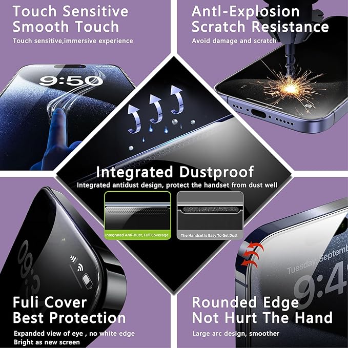 2 Pack Privacy Screen Protector for iPhone 13 Pro Max/iPhon 14 Plus, 9H Tempered Glass, Full Coverage, Anti-Fingerprint, Auto Dust-Elimination, No Bubble, Easy Installation