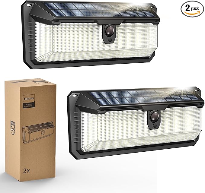 Philips Solar Lights Motion Sensor Outdoor, 258 LEDs Solar Powered Security Lights, 3 Lighting Modes, Waterproof Wall Light for Outside Yard Fence Garden Garage