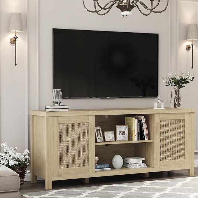 TV Stand for 65 inch TV, Modern Mid Century Entertainment Center with Storage, Media Consol with Natural wood rattan Door Cabinets and Open Shelves, Wooden, for Living Room, Bedroom, MLTV21YR