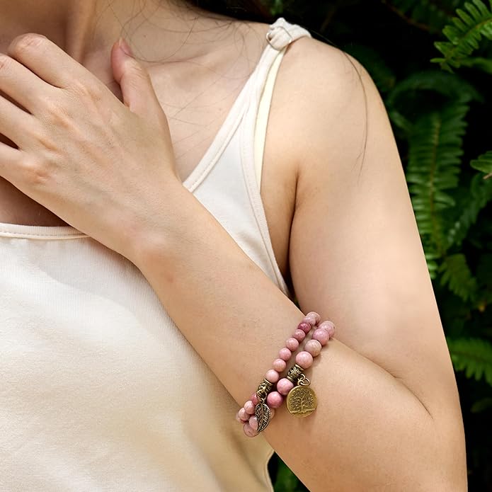 Bivei Natural Semi Precious Gemstone beads bracelet for women - Life Tree and Leaf Charm Energy Reiki Crystal Stretch Bracelets