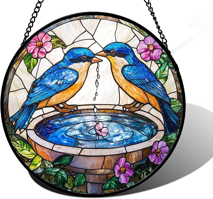Stained Glass Window Hanging, 2 Blue Birds Suncatcher Diamond Glass Panel Hangings Bird Lover Sun Catchers Decor for Birthday for Women, Men, Wife, Aunt, and Mom 6.3 in