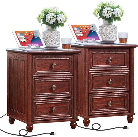 18" Farmhouse Nightstand Set 2 with Charging Station and USB Port, RedOak Night Stand with 3 Drawers, Wood Bedside End Table with Storage, Bed Side Tables for Bedroom Living Room and Closet