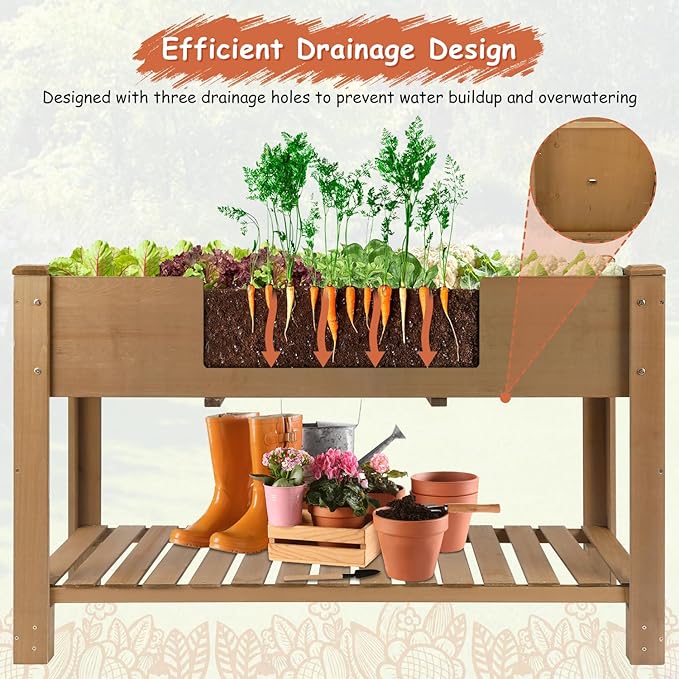 Raised Garden Bed Wooden Elevated Planter Box with Legs, Protective Liner Reinforced for Vegetables Herbs Flowers for Outdoor Patio Backyard Balcony Gardening (46.65“ L with Shelf)