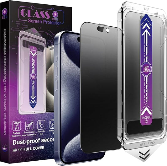 2 Pack Matte Privacy Screen Protector for iPhone 15 Pro, 9H Tempered Glass, Full Coverage, Anti-Fingerprint, Auto Dust-Elimination, No Bubble, Easy Installation