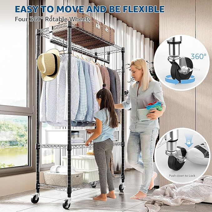 Heavy Duty Rolling Garment Rack 3 Tiers Adjustable Wire Shelving Clothes Rack with Rods and Side Hooks,Storage Closet Clothing Rack with Wheels Black 15.7" D x 29.5" W x 74.5" H