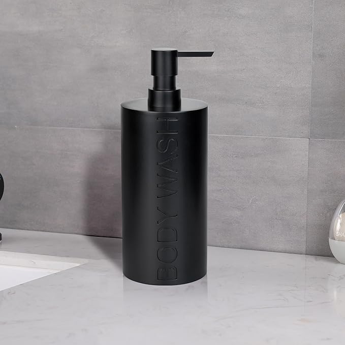 Matte Black Body Wash Dispenser Luxurious Refillable Pump Bottle with Embossed Text, Durable Construction for Bathroom and Shower