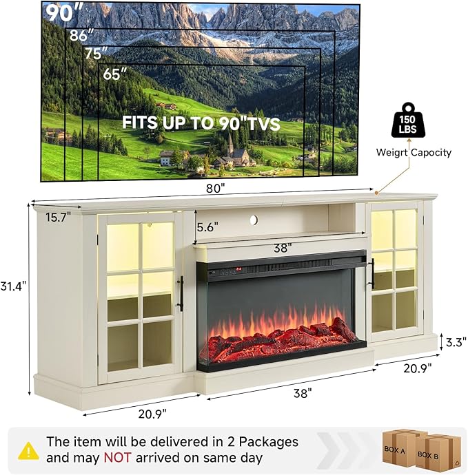 ROCKPOINT 3 Sided Glass 80" Fireplace TV Stand for TVs up to 90inch, Media Entertainment Center with Glass Door Storage Cabinet,36" Electric Fireplace with LED Light and Flame Colors, White