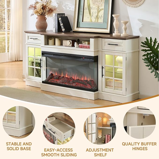 ROCKPOINT 3 Sided Glass 70" Fireplace TV Stand for TVs up to 80inch, Entertainment Center with Drawers and Glass Door Storage Cabinet,36" Electric Fireplace with LED Light and Flame Colors, White