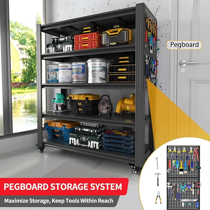 78" H 5-Shelf Metal Storage Shelves, 2000 lbs Garage Shelving Unit with Pegboard, Adjustable Industrial Heavy Duty Storage Rack with Wheels, 47.2" W x 18" D for Pantry Basement, Black