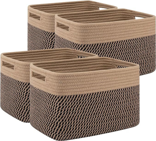 4 Pack Storage Baskets for Organizing, Woven Baskets for Shelves - Perfect for Toys, Books, Towels, and Clothes, Durable Gift Basket Bins Toy Storage, 13''L x9''W x7.8''H, Black and Brown