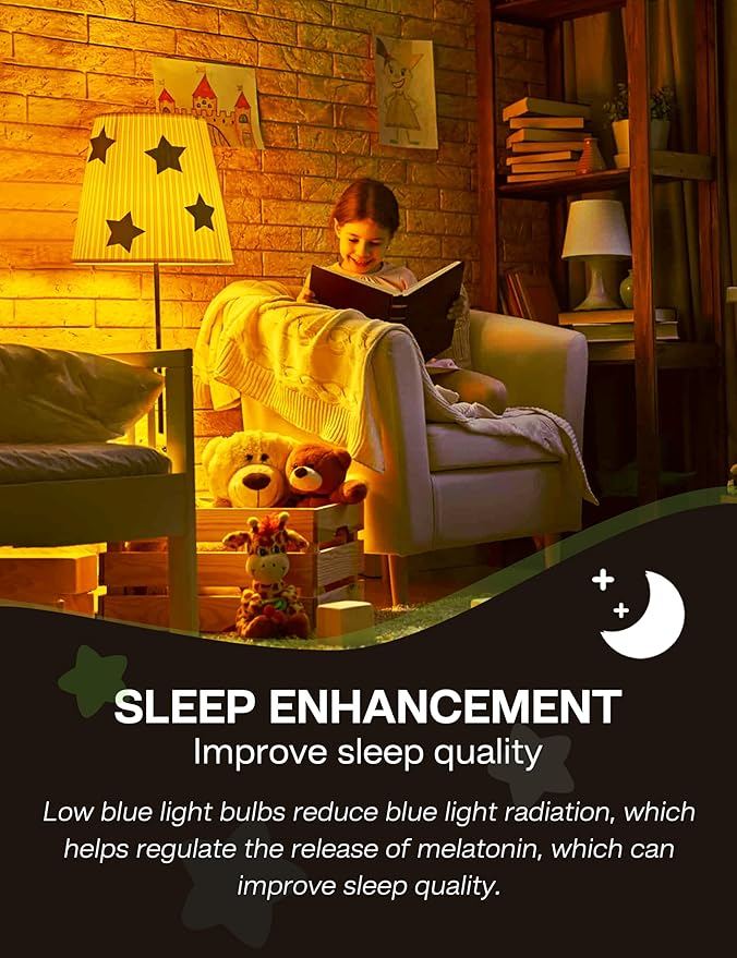 Amber Light Bulbs for Sleep: 9W Amber Warm 1800K, Blue Blocking Dim Bulbs 60W Equivalent, E26 Bulb for Mood Soothing, Bedroom and Baby Nursery Light, 2 Pack