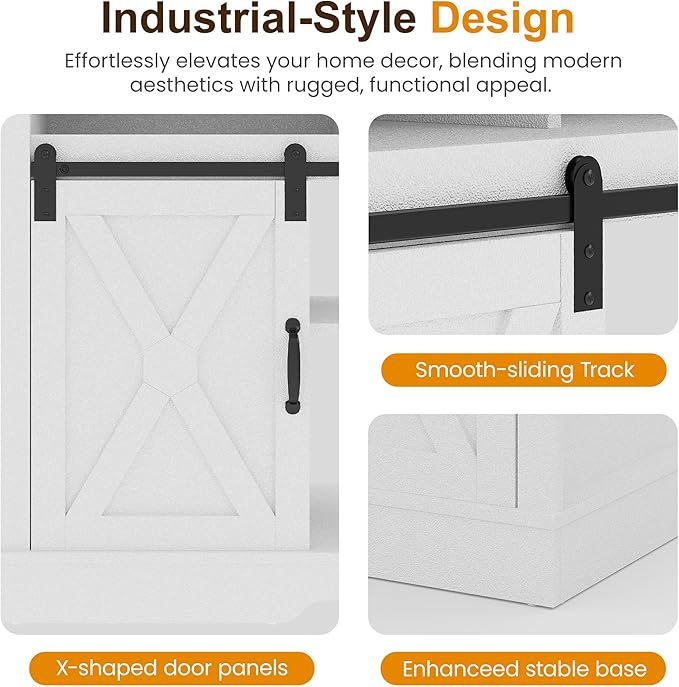 RoyalCraft Farmhouse Fireplace TV Stand for 65+ Inch TV, Entertainment Center with 23" Electric Fireplace with Remote, 34" Tall Modern Rustic TV Console with Sliding Bar Door for Living Room, White